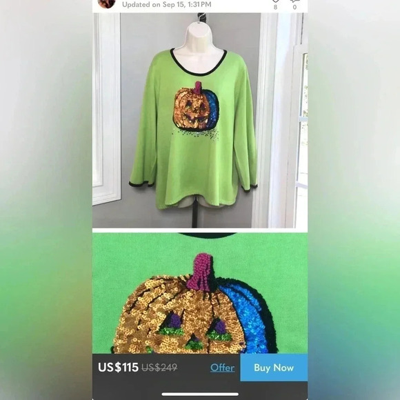 Y2K rare Michael Simon sweater,Halloween pumpkin sequins,2004, PTP 17.5-20”, EC - Picture 17 of 17